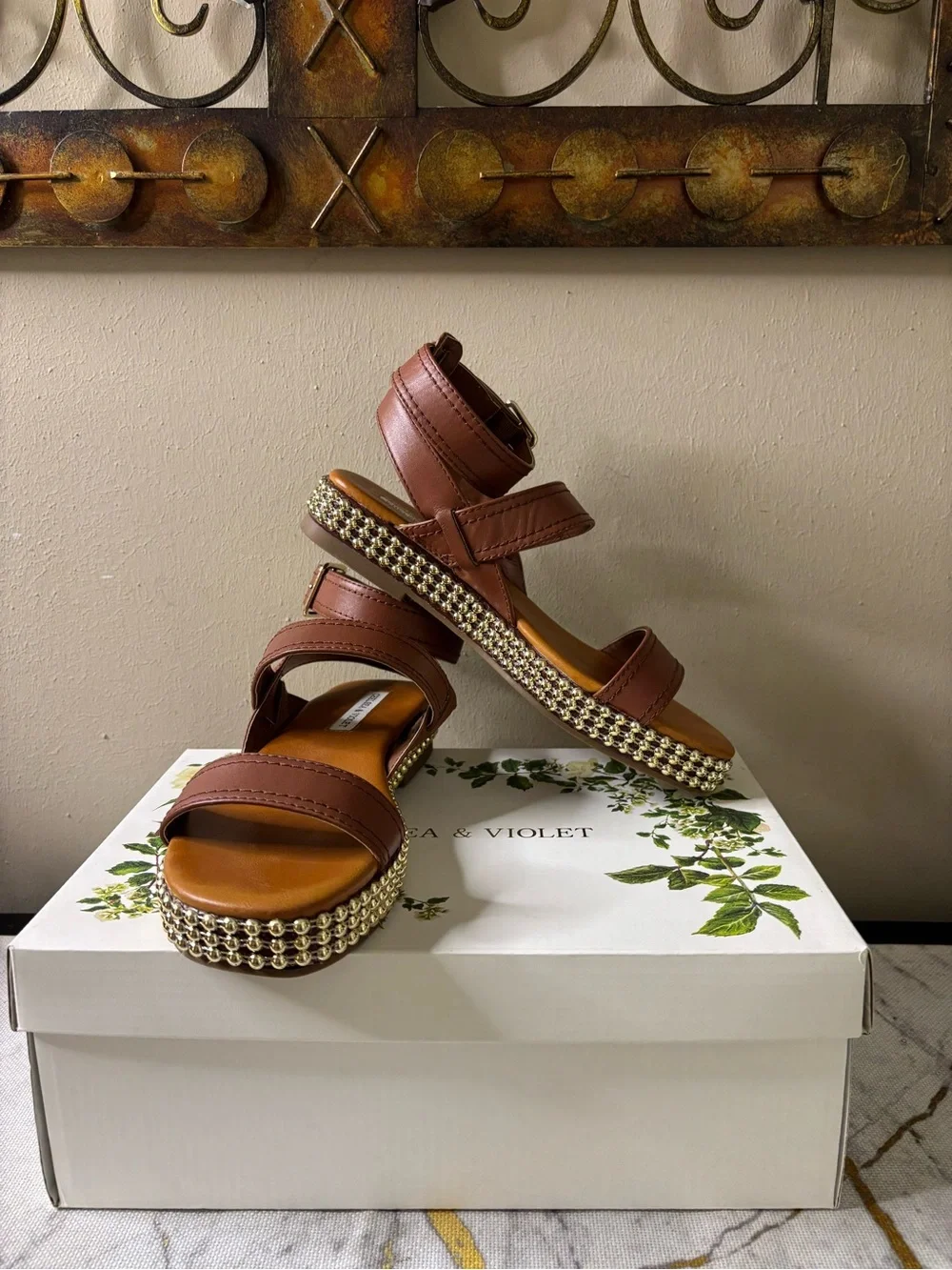 Chelsea & Violet Chestnut Brown Beaded Platform Sandals
